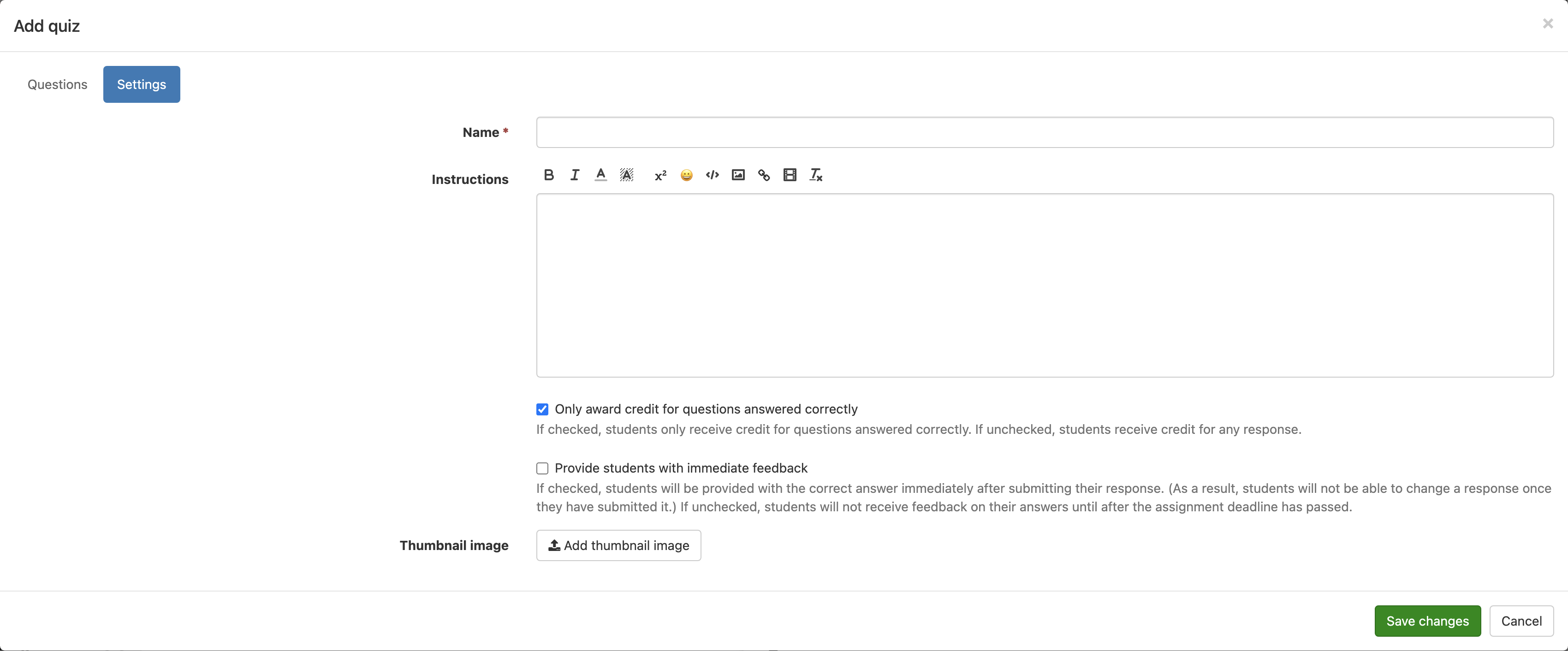 A quiz creation interface is shown with tabs for "Questions" and "Settings," fields for the quiz name and instructions, options to control credit and feedback, a button to upload a thumbnail image, and "Save changes" and "Cancel" buttons at the bottom. The feature to "only award credit for questions answered correctly" is checked.