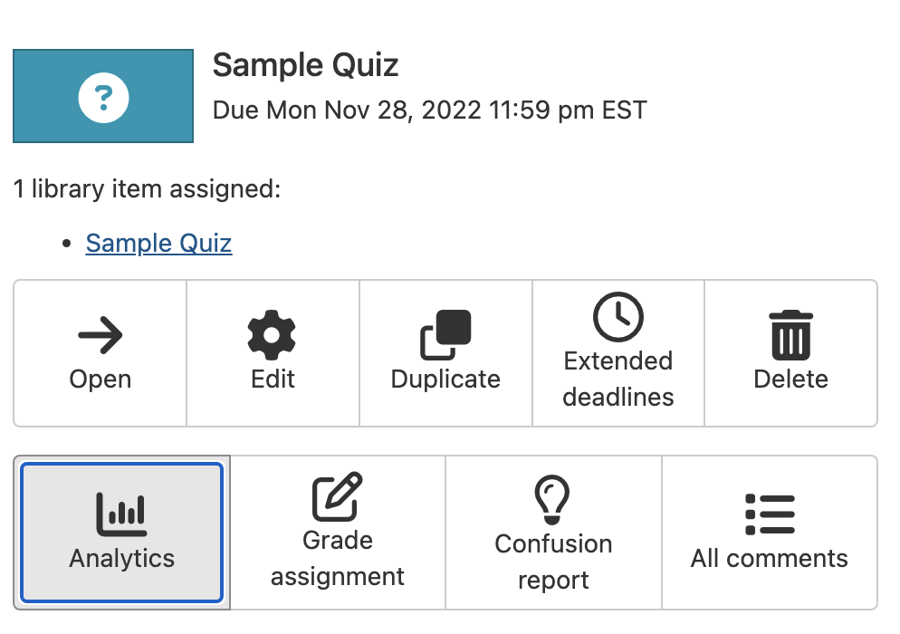 A quiz dashboard displays a sample quiz with its due date and time, along with options to open, edit, duplicate, extend deadlines, delete, view analytics, grade the assignment, access a confusion report, and view all comments. The "analytics" button is highlighted.