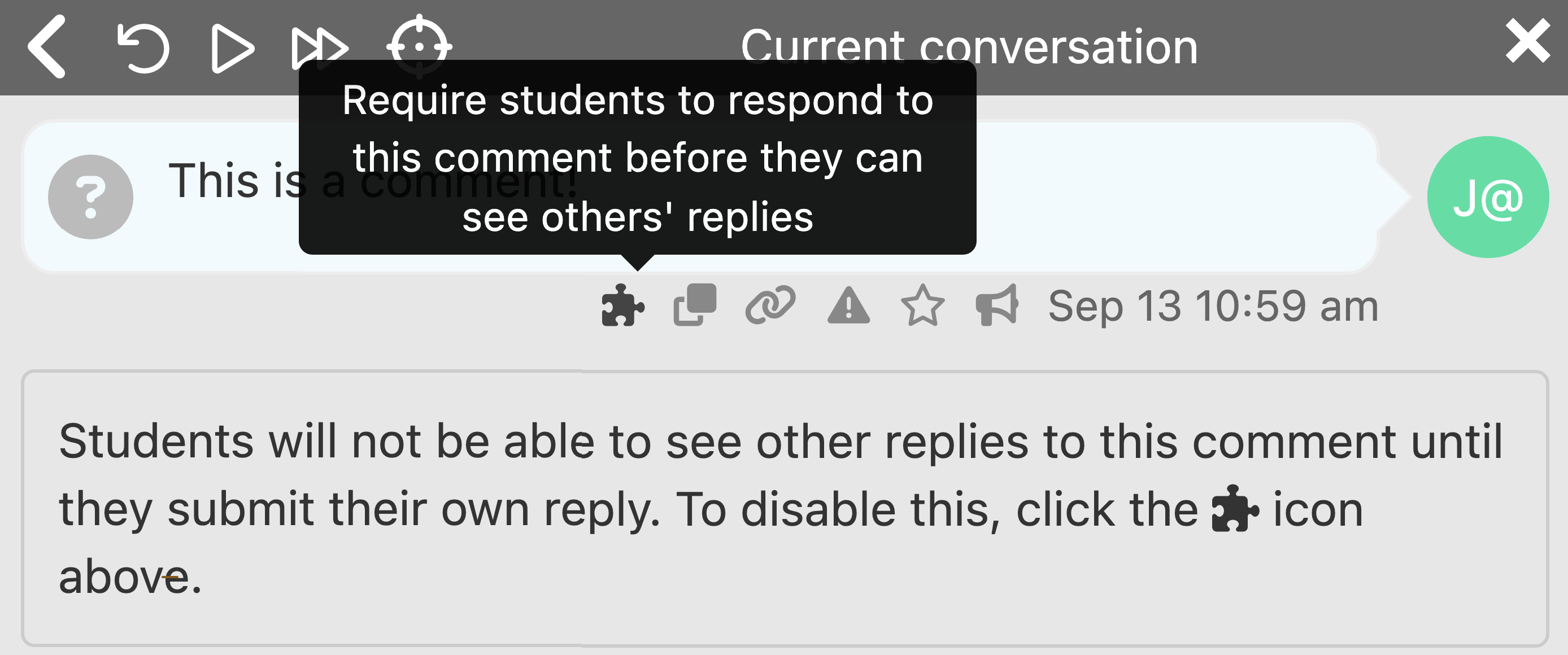 Perusall comment with staged thread enabled; students must reply before seeing others' responses.