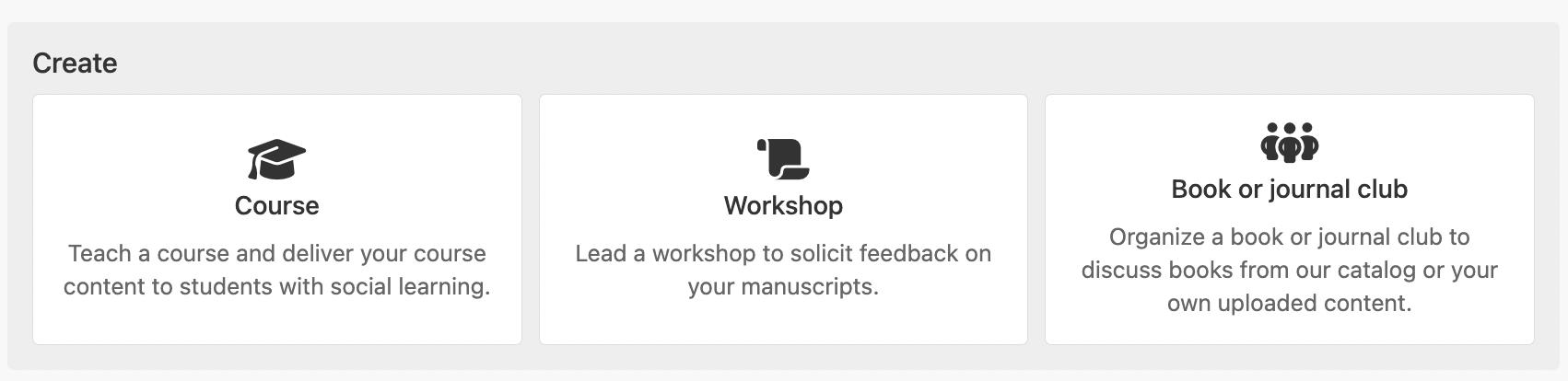 image of an account home page where you can create a course, workshop, or book club