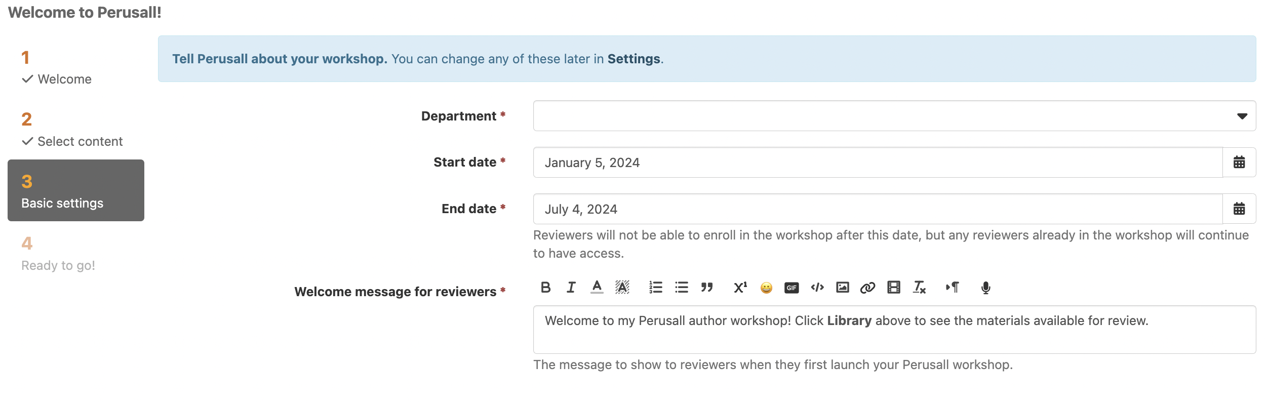 image of step 3 filling out the workshop start and end date, and a welcome message
