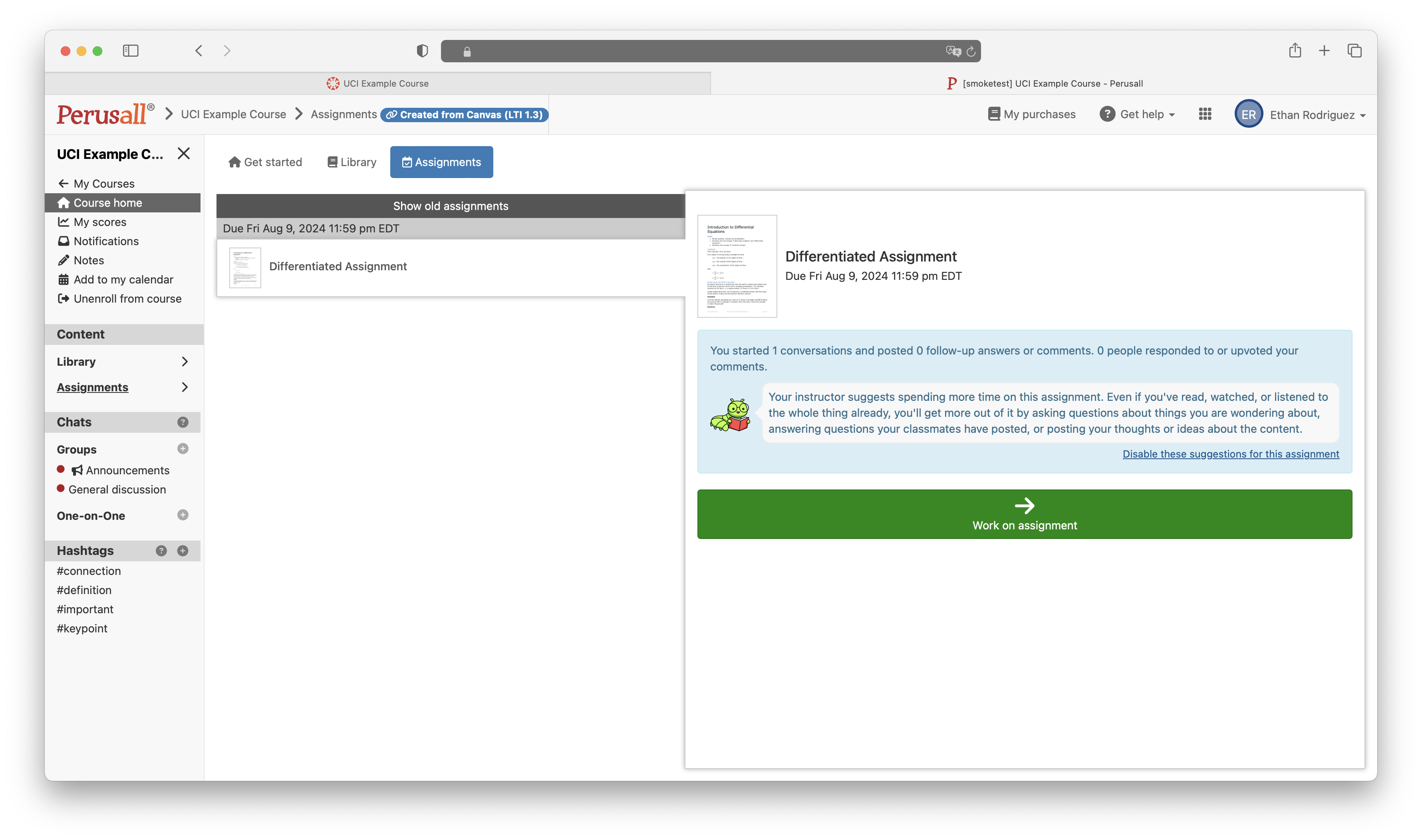Screenshot of a Perusall differentiated assignment view. The student sees a progress summary, instructor feedback encouraging more engagement, and a green button labeled “Work on assignment.”