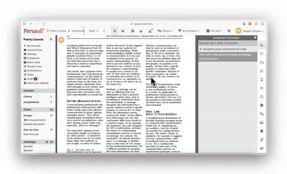 gif of in a document and selecting the options menu to make the reading fit the width of the reading page or fit the page