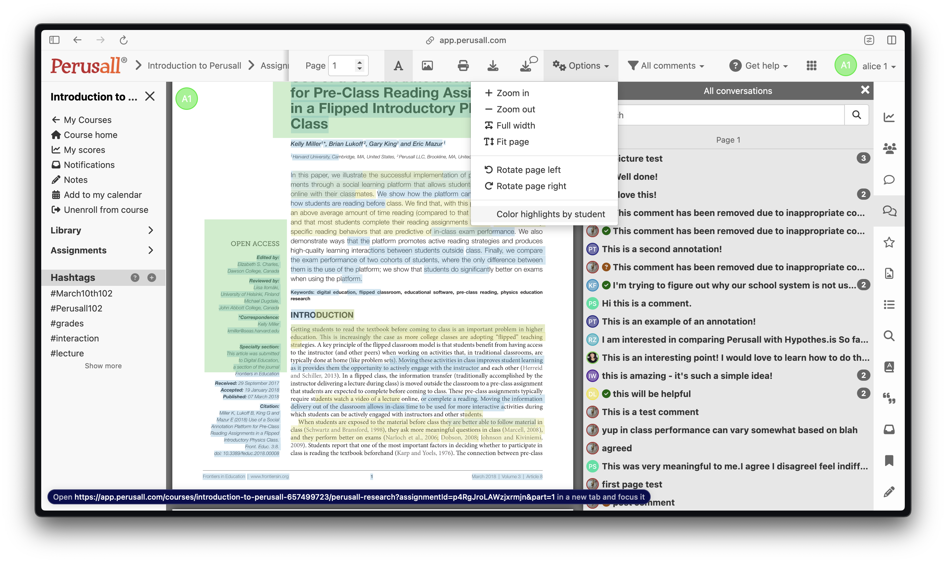 Screenshot of a Perusall assignment view. A dropdown under the “Options” menu is open, showing tools like zoom, rotate, fit page, and “Color highlights by student.” On the right, a list of color-coded student annotations is visible, each tagged with user initials. 