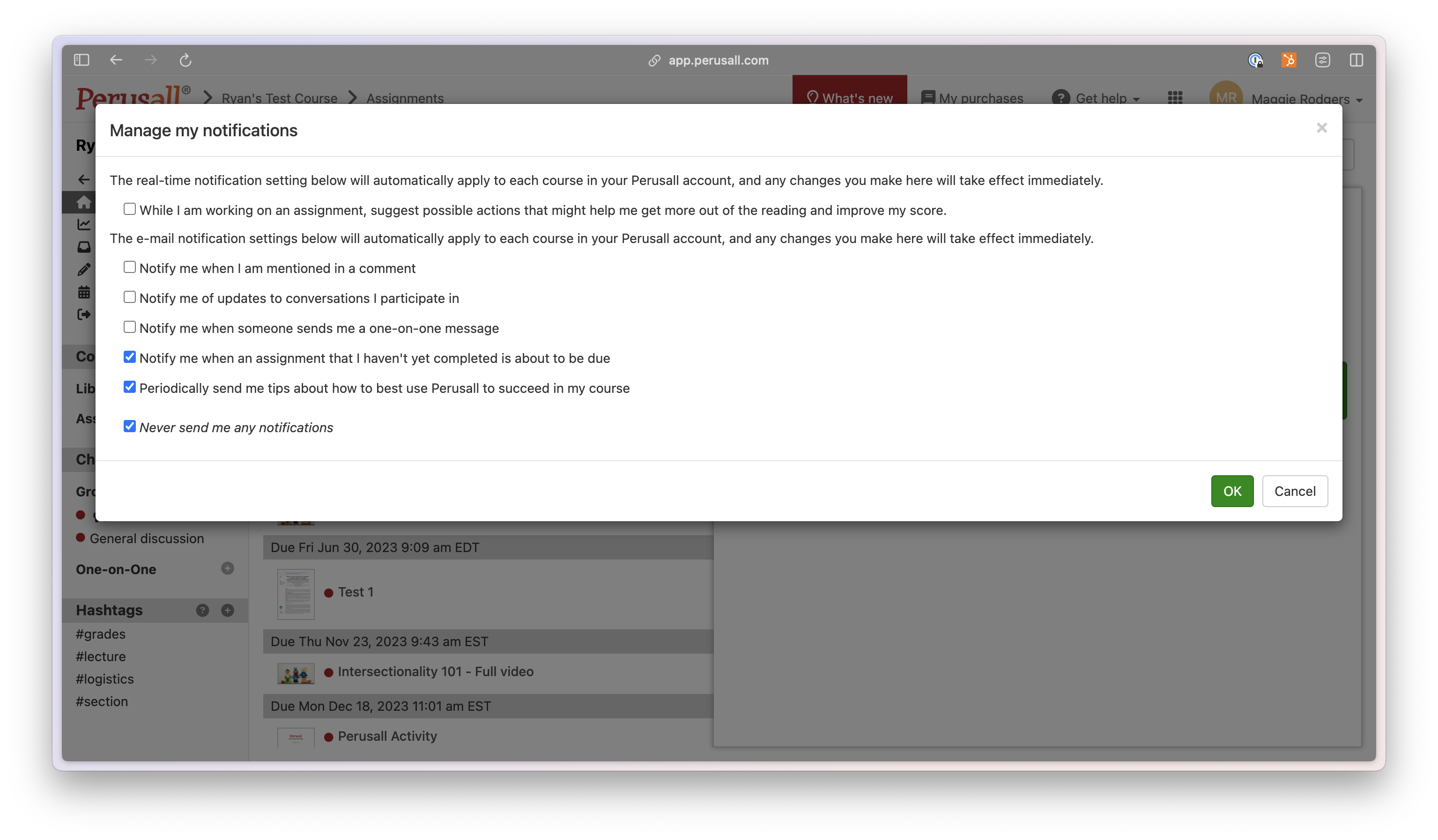 Perusall pop-up window titled "Manage my notifications," showing options to customize real-time and email notifications, including assignment reminders, comment mentions, conversation updates, and tips. "OK" and "Cancel" buttons appear at the bottom.