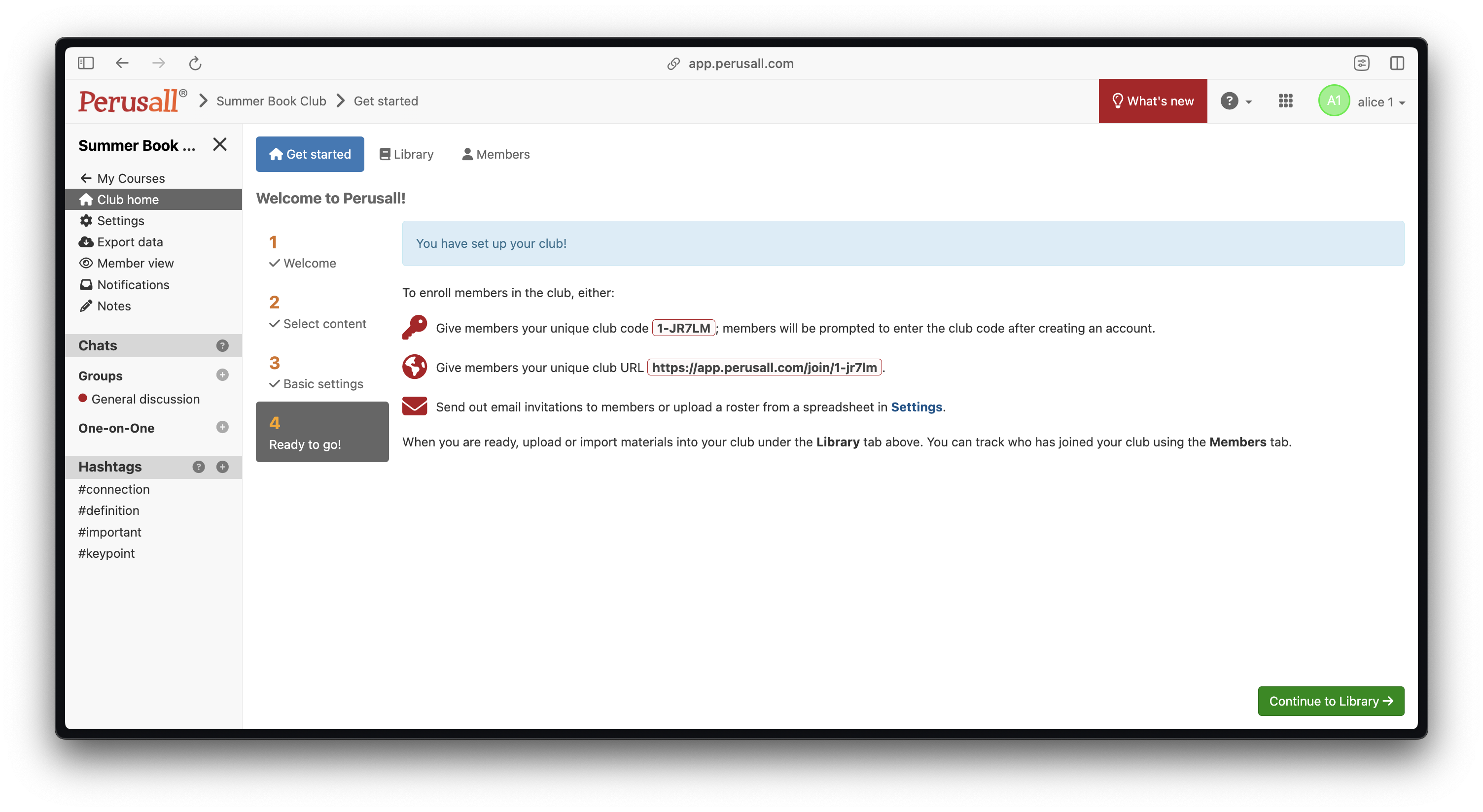Perusall "Get Started" page showing how to invite members to a Summer Book Club using a code or link, with a "Continue to Library" button.