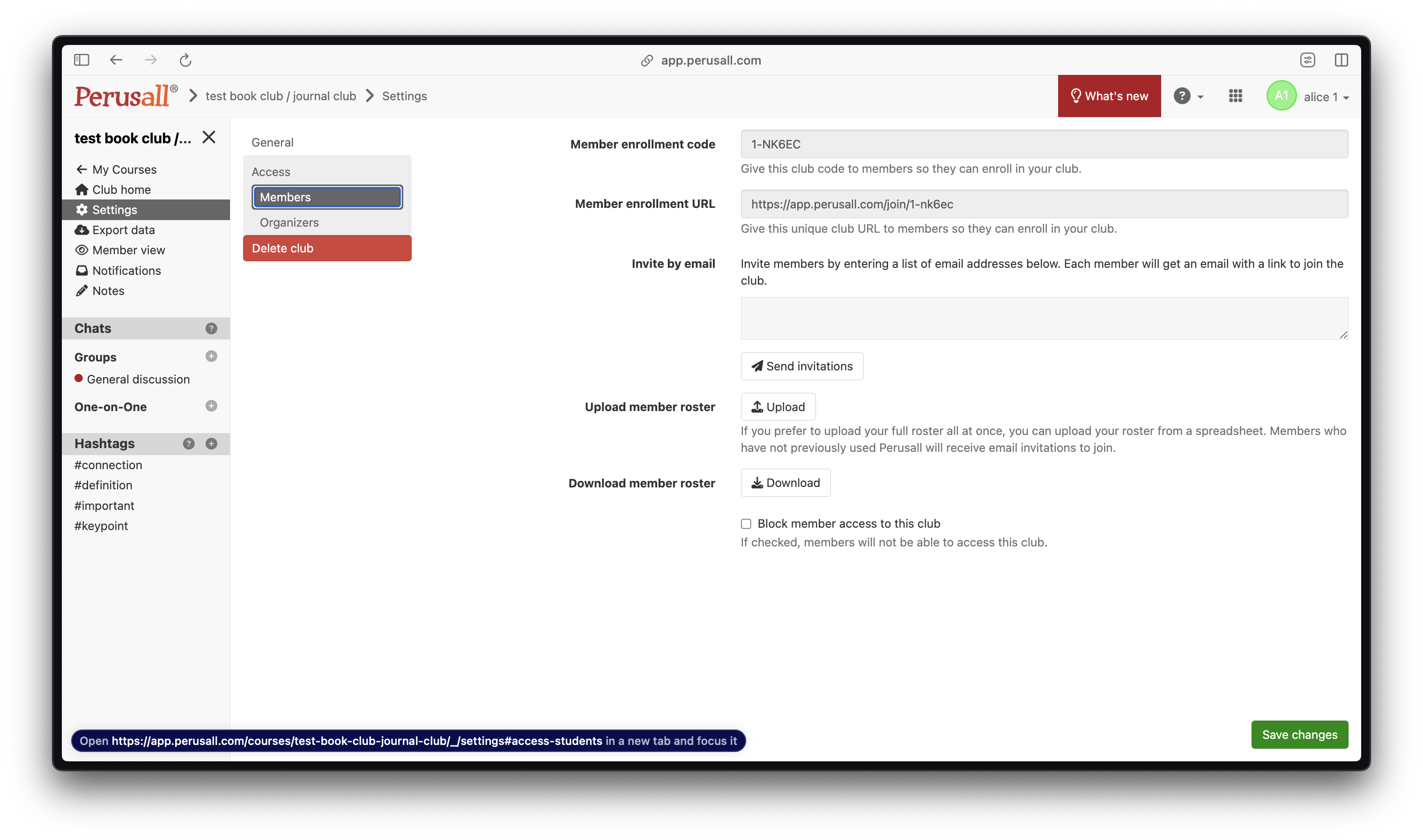Perusall settings page for a test book club, showing options to invite members by enrollment code, enrollment URL, email, or uploading a roster. Buttons are available to send invitations, upload or download a roster, block access, and save changes.