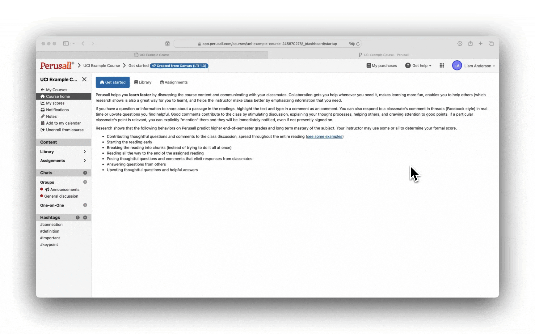 Animated screenshot of a Perusall course homepage. The screen highlights navigation tabs like Get started, Library, and Assignments, along with course instructions and engagement tips for students.