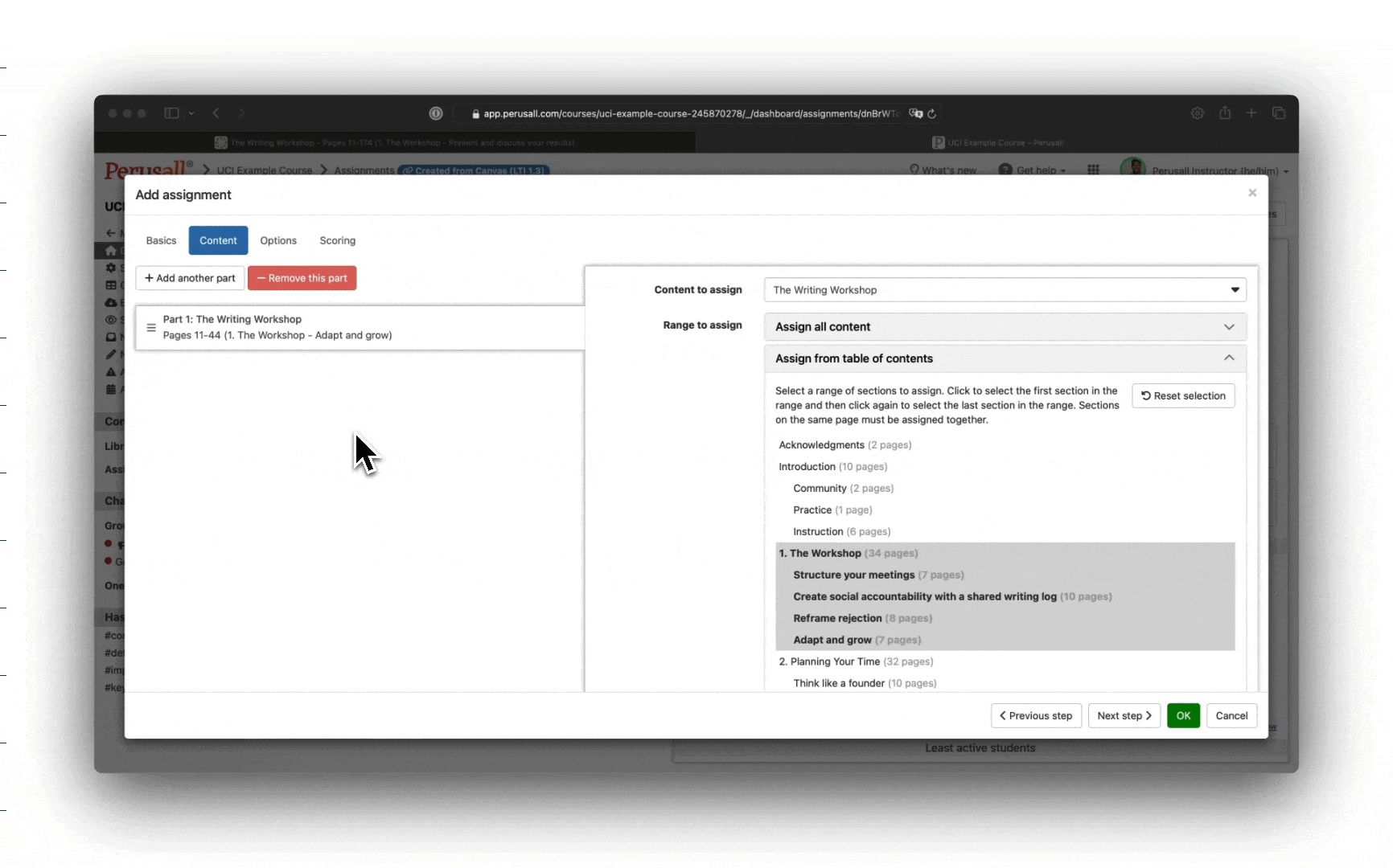 Gif of adding an assignment navigating to the content section assignment setup and selecting "add another part"