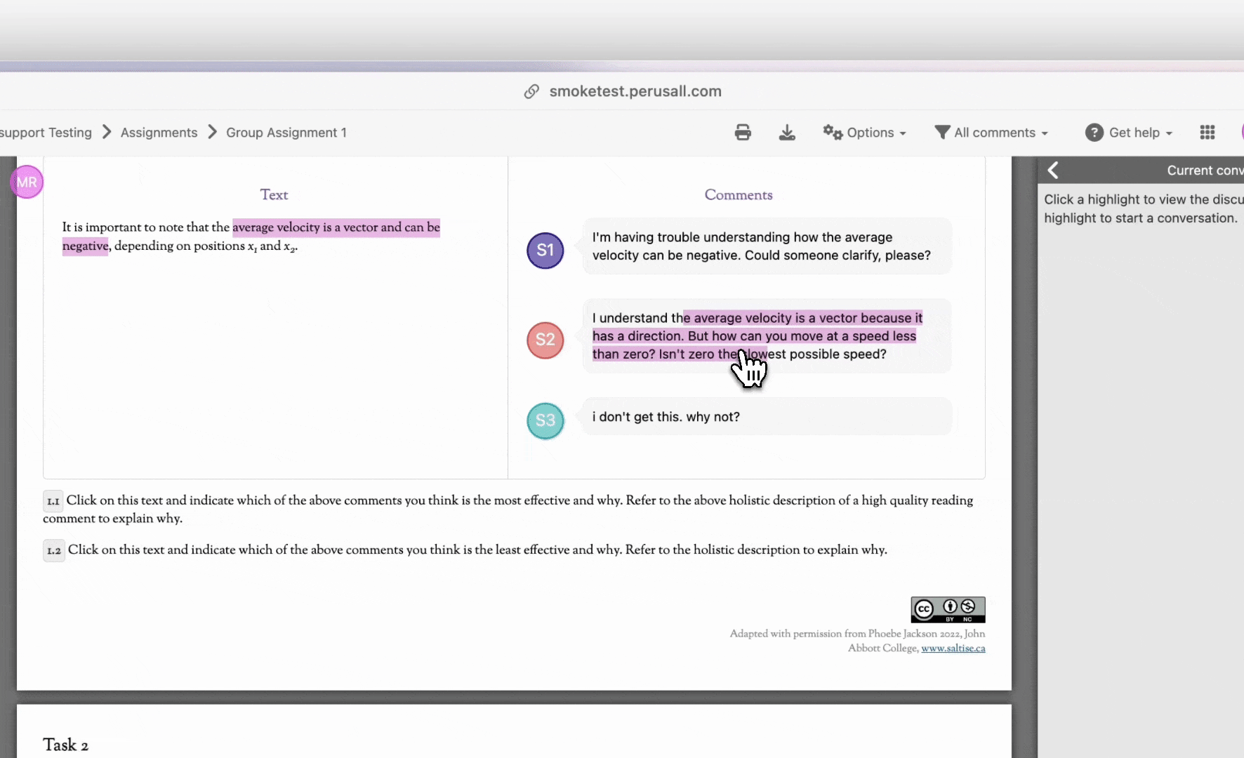 A video of a user selecting highlighted text and tagging a classmate in a comment they post in their response.gif