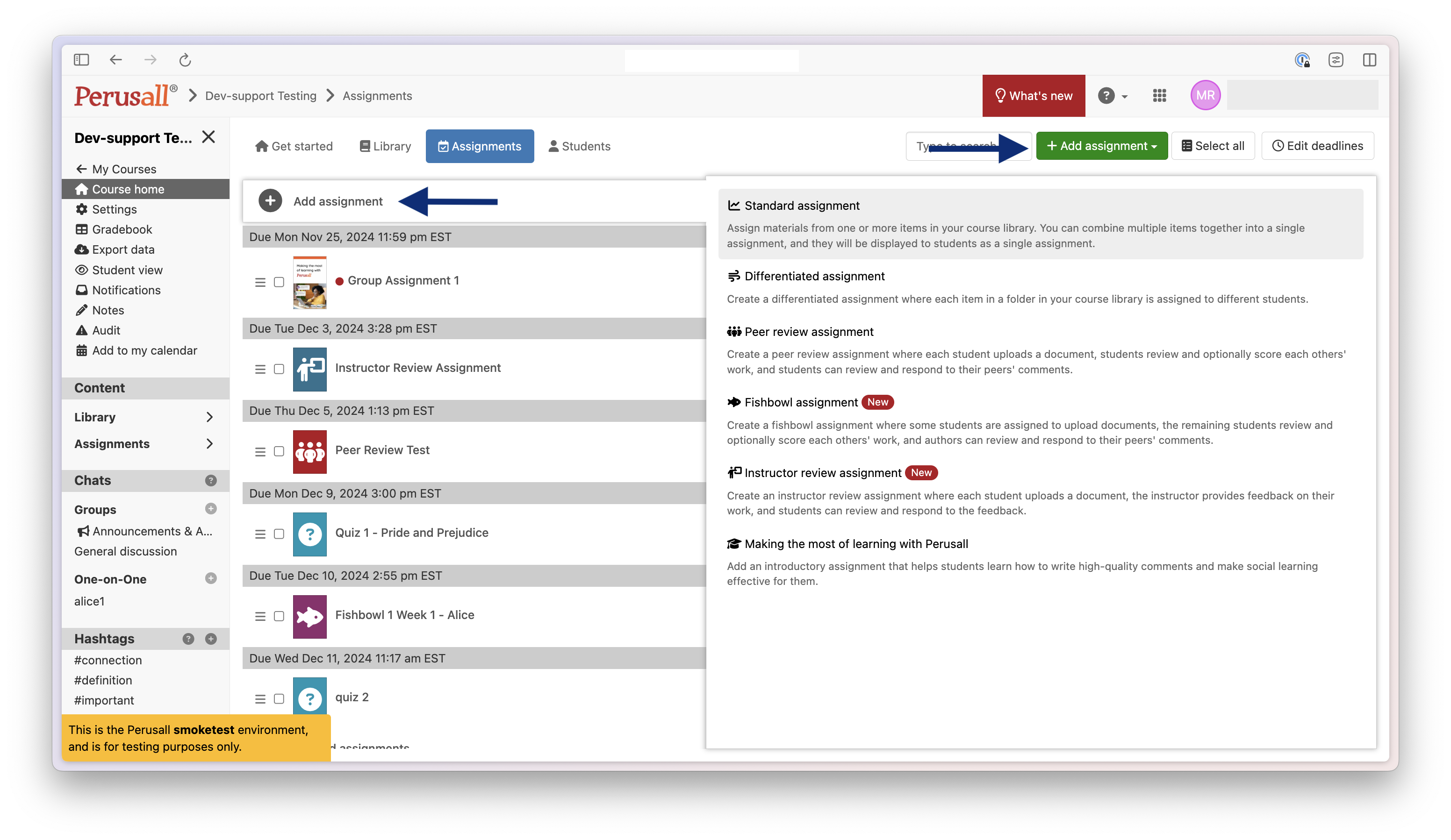 A screenshot of the Perusall "Assignments" page shows the option to add various types of assignments, with blue arrows highlighting the "Add assignment" buttons.