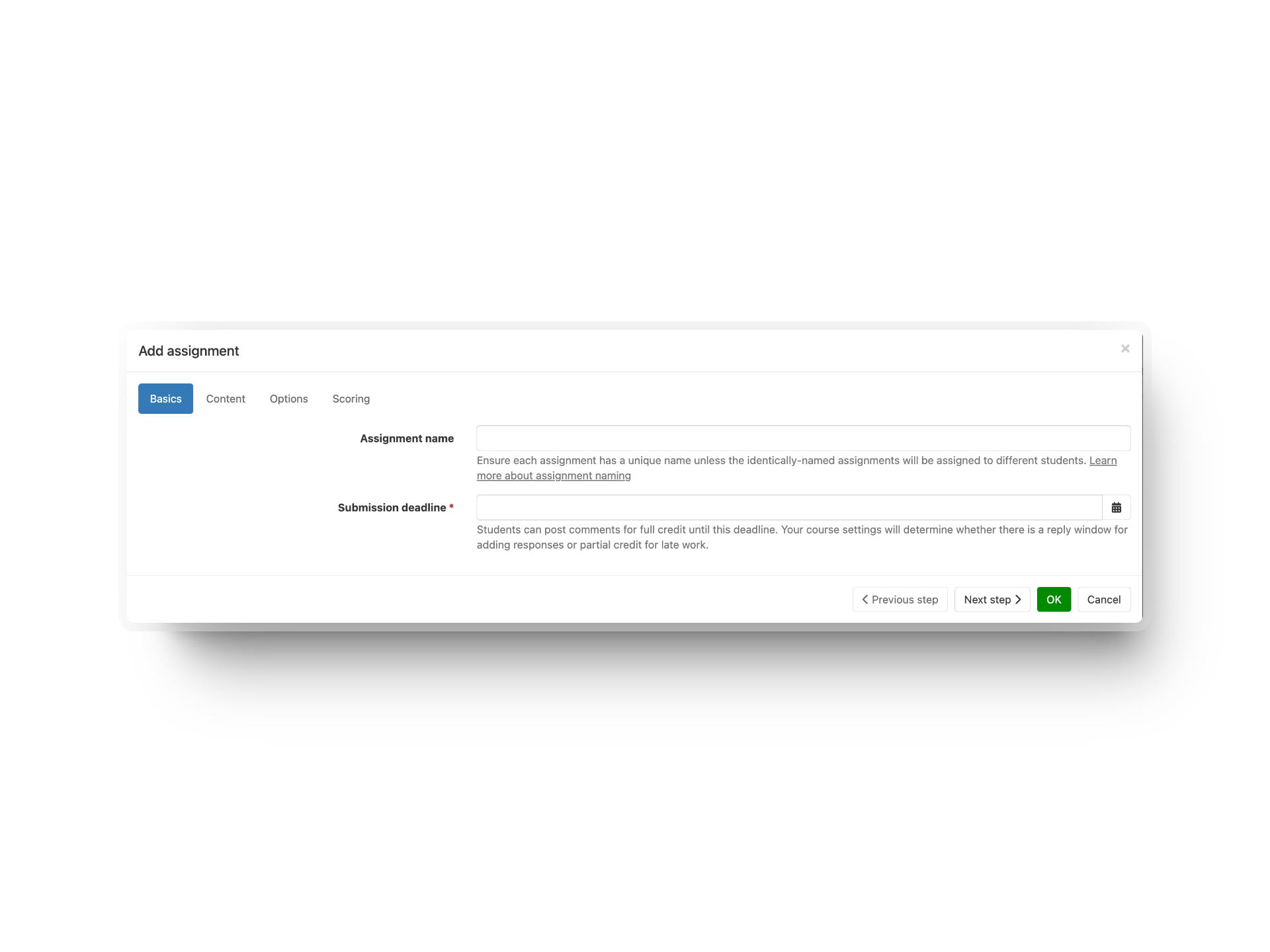 A modal window titled "Add assignment" in Perusall displays fields for entering the assignment name and submission deadline, with navigation tabs for Basics, Content, Options, and Scoring.