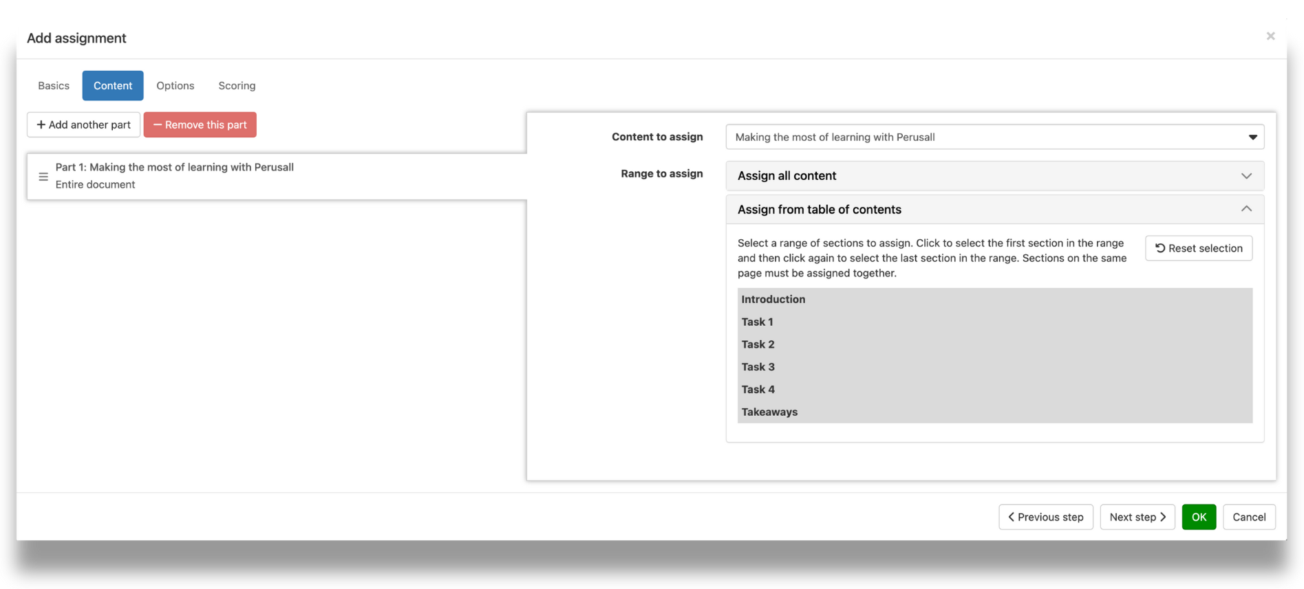 A Perusall "Add assignment" screen shows the "Content" tab, where users can select material to assign and choose specific sections from a table of contents, such as Introduction, Task 1–4, and Takeaways.