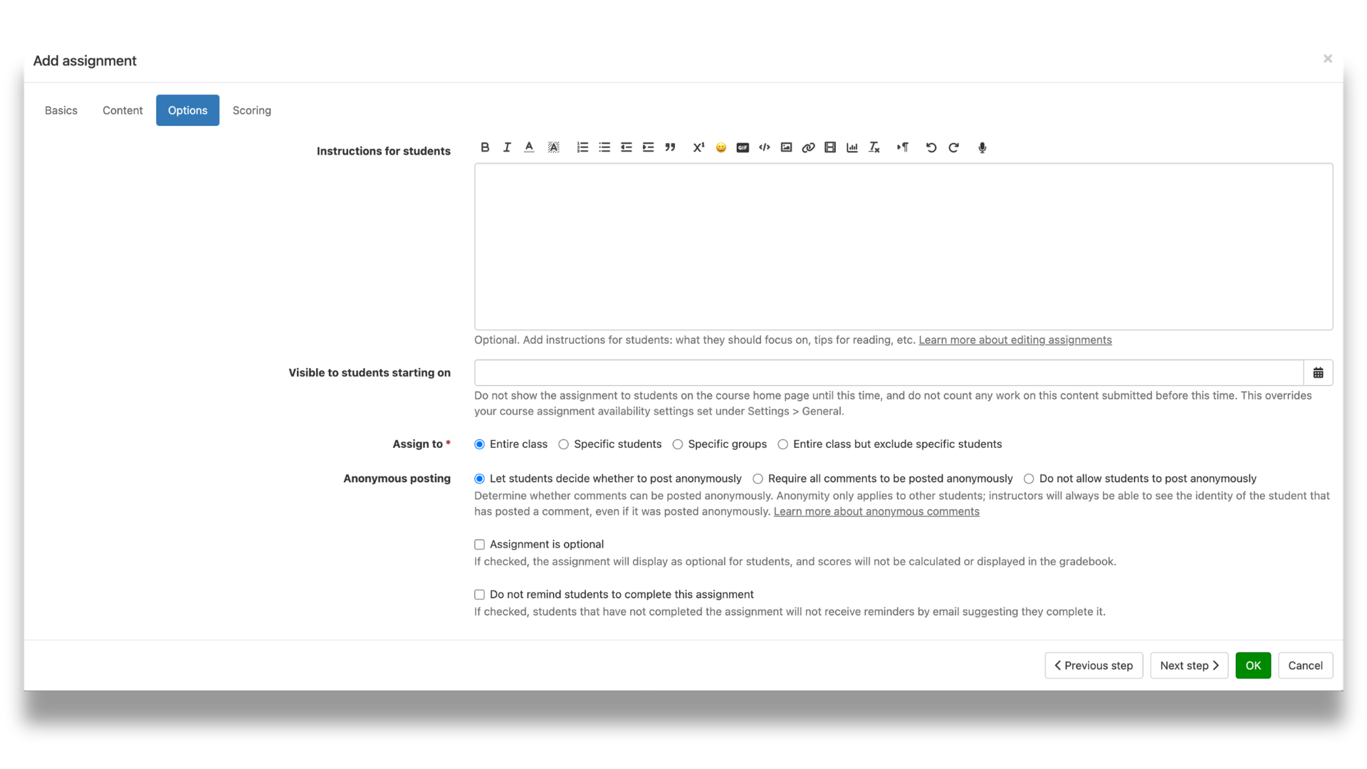 A window showing the Options section of the assignment creation process. Users can add instructions, a visibility date, determine who to assign to, anonymity settings, and optional or extra credit status to an assignment. 