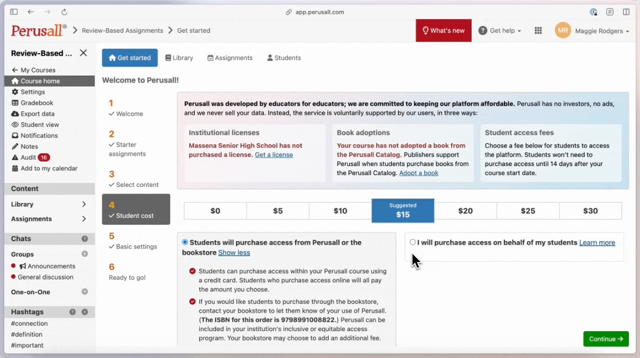 instructor selecting a course choice fee under set up step 4 titled "student cost"