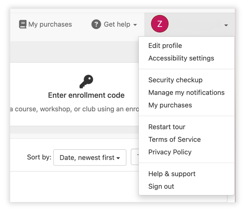 Screenshot of Perusall user profile dropdown menu with options: Edit profile, Accessibility settings, Security checkup, Manage my notifications, My purchases, Restart tour, Terms of Service, Privacy Policy, Help & support, and Sign out.