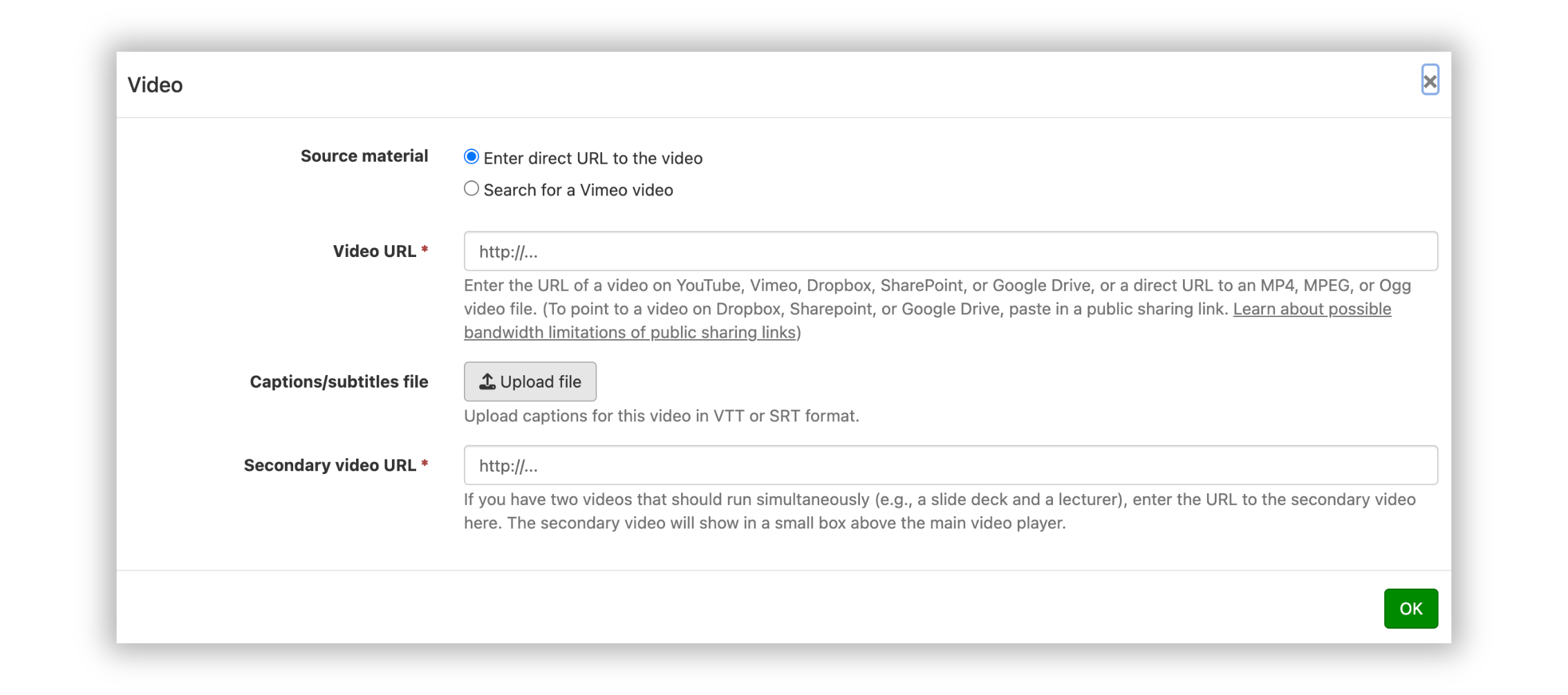 Video upload settings interface in Perusall showing fields to enter a primary video URL, upload captions/subtitles in VTT or SRT format, and enter a secondary video URL for side-by-side playback. A green "OK" button is at the bottom right.