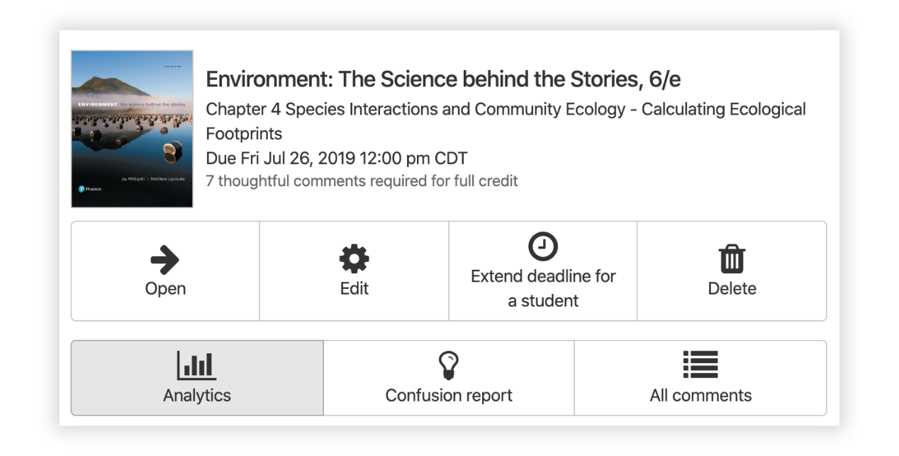 Screenshot of an assignment showing the Analytics button location, used to access assignment-specific analytics in Perusall.