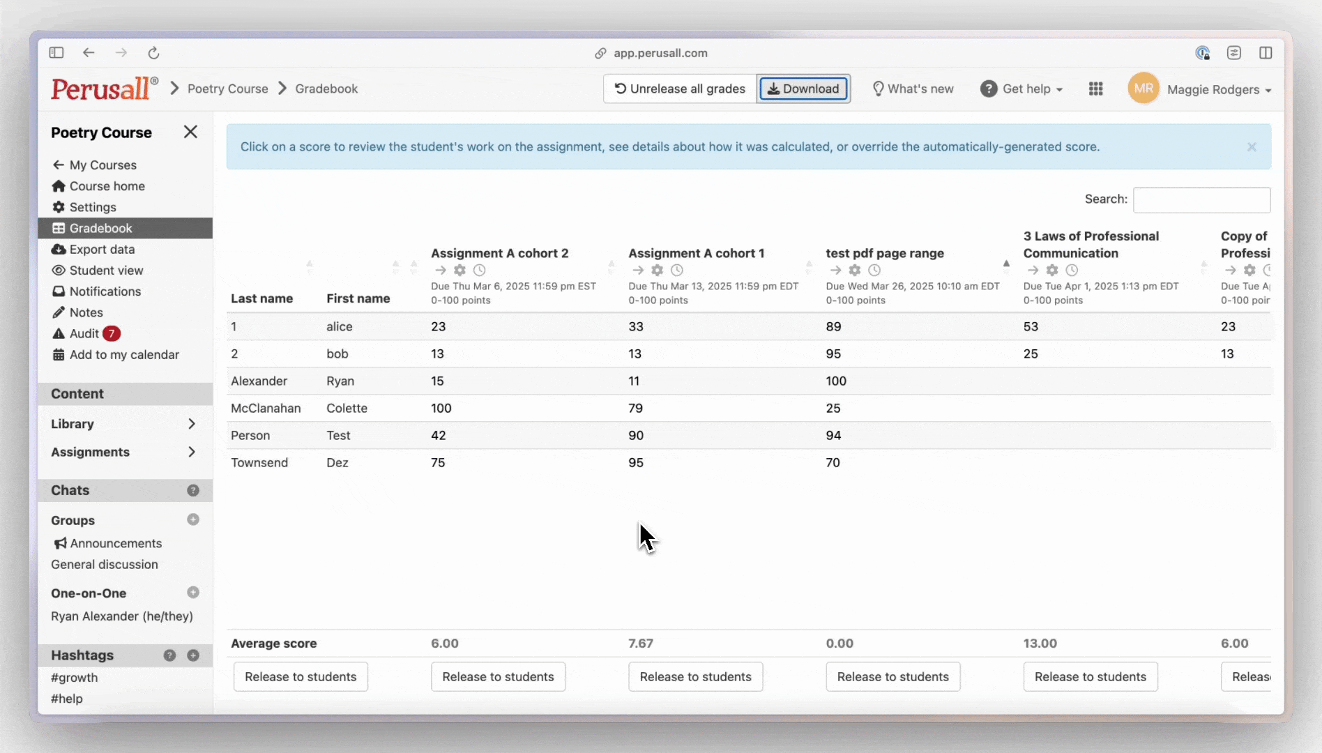 gif of user navigating to the gradebook and downloading the grades in the top bar