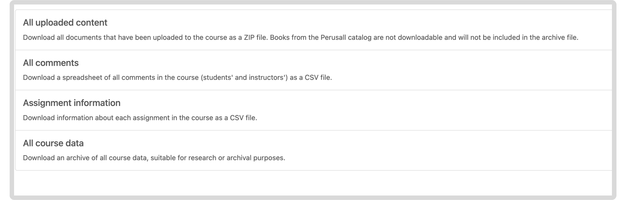 screenshot of the options a teacher can select when downloading course data