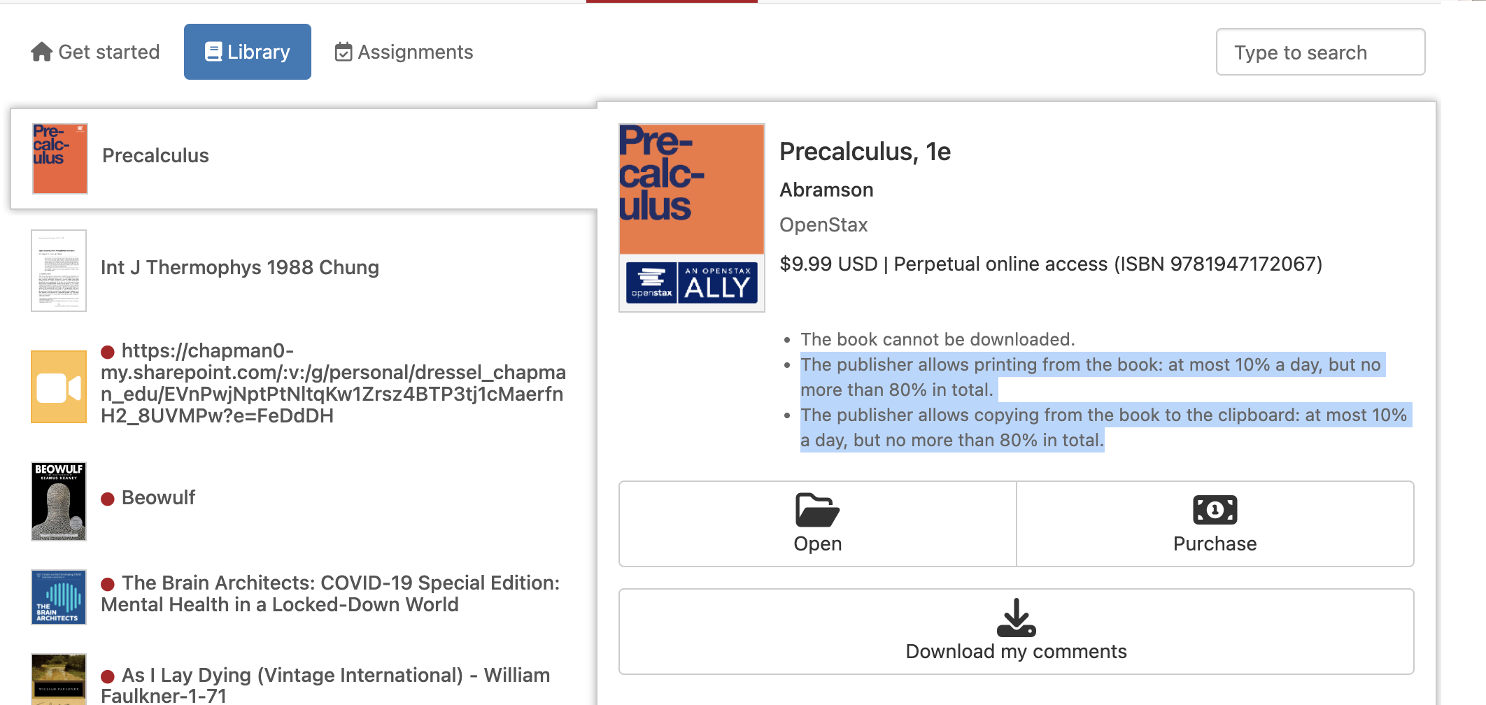 Sample textbook in library. Screenshot of a digital library showing the "Precalculus, 1e" textbook with restrictions on printing and copying—10% per day, up to 80% total.