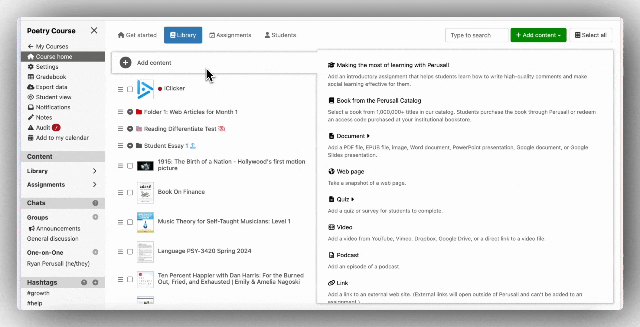 a gif of a instructor in a perusall course in the library tab adding the making the most of perusall assignment
