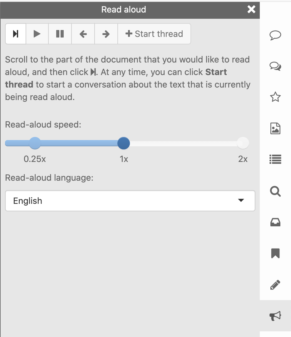 The Start Thread button is between the Next button and Read-aloud speed controls, on the Read aloud panel.