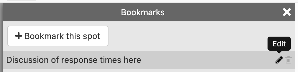 A screenshot of the Bookmarks panel, with the button to create a new bookmark at the current text position at the top, and with existing bookmarks listed below it.