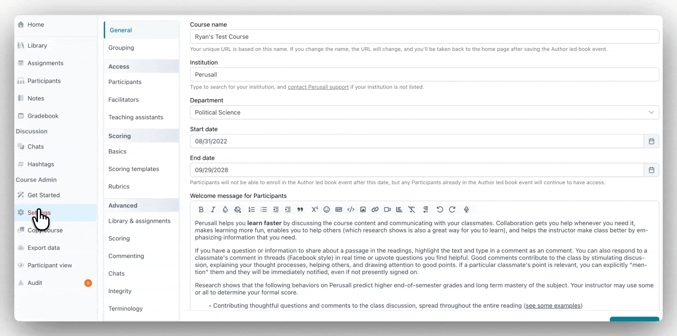 Grouping options under settings in Perusall - no groups, fixed groups, assignment based groups, and library content based groups.gif