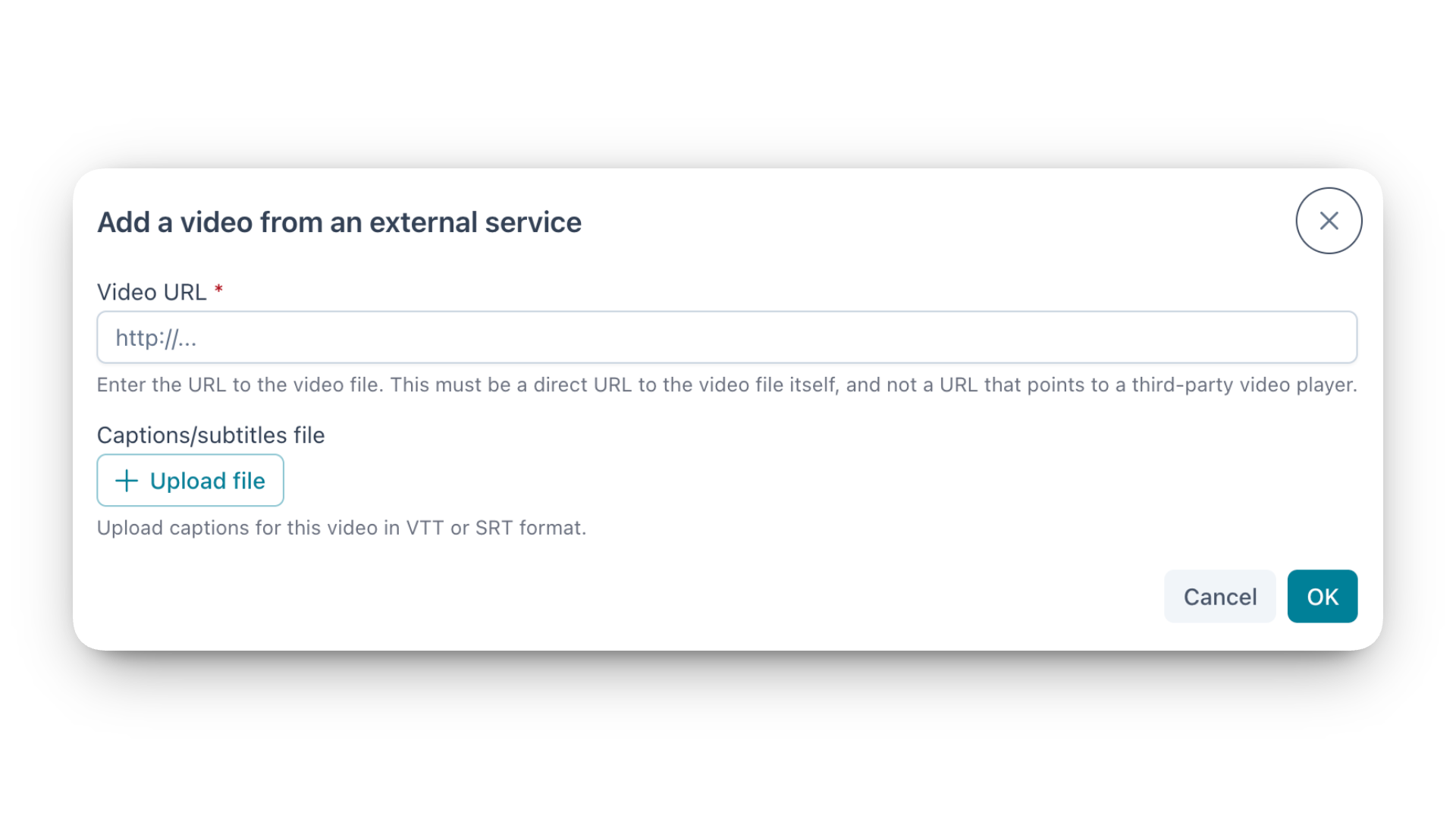 Screenshot showing Add a video from an external service window, including Video URL field, and Captions/subtitles file upload button.
