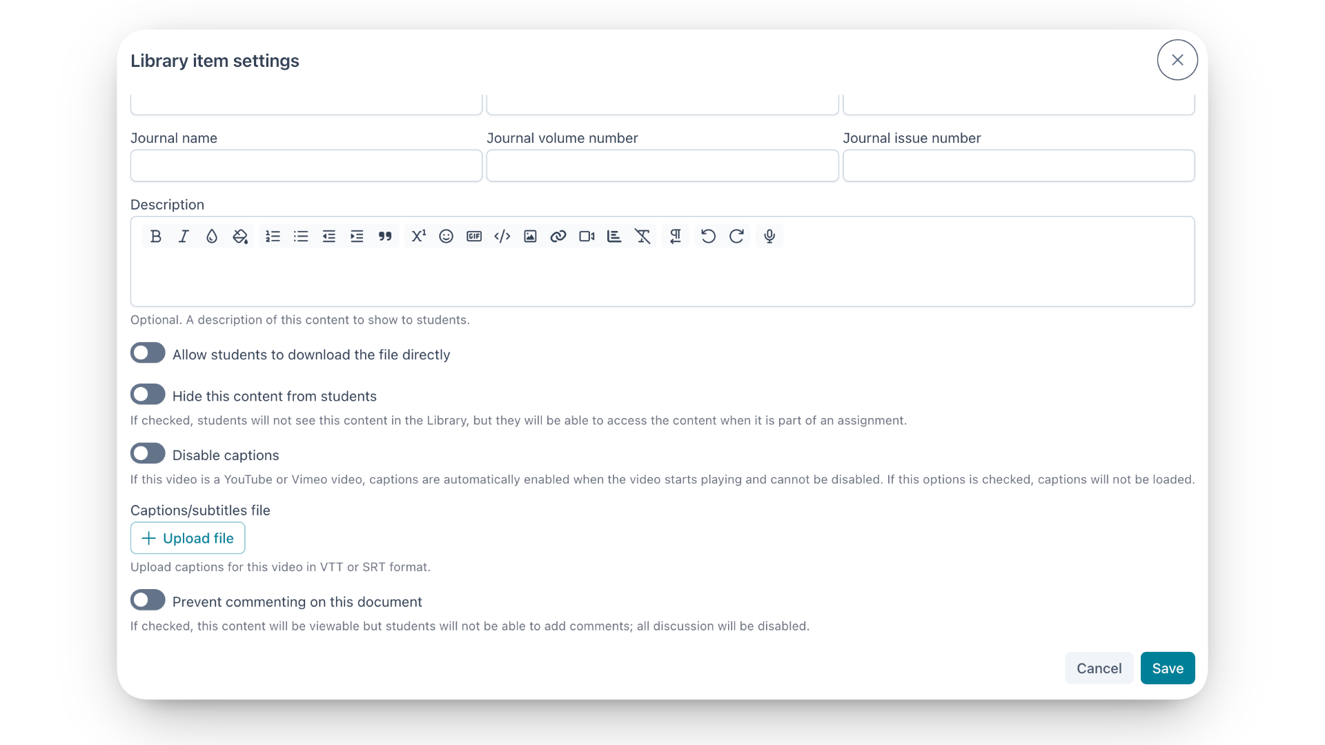 Screenshot showing Library item settings for a video, including Captions/subtitles file upload button.