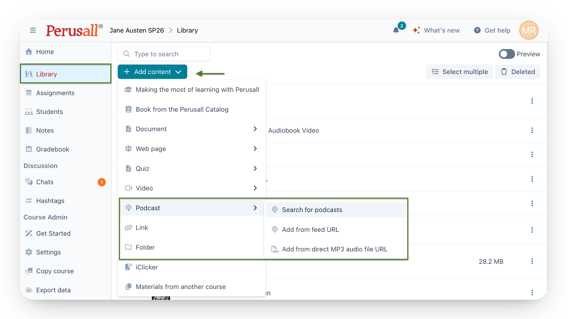 An image of a perusall course library highlighting the add content button and showing the podcast upload options